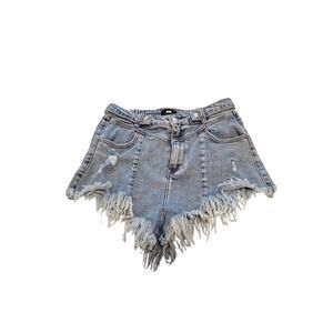 L&M Signature Jean Cut Off Denim Shorts Destroyed Hem 90s Blue Ripped Sz 28